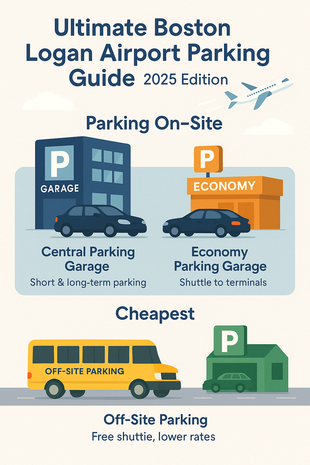 Infographic comparing parking options at Boston Logan Airport, highlighting off-site parking as the cheapest option and showcasing on-site options like Central Parking and Economy Parking