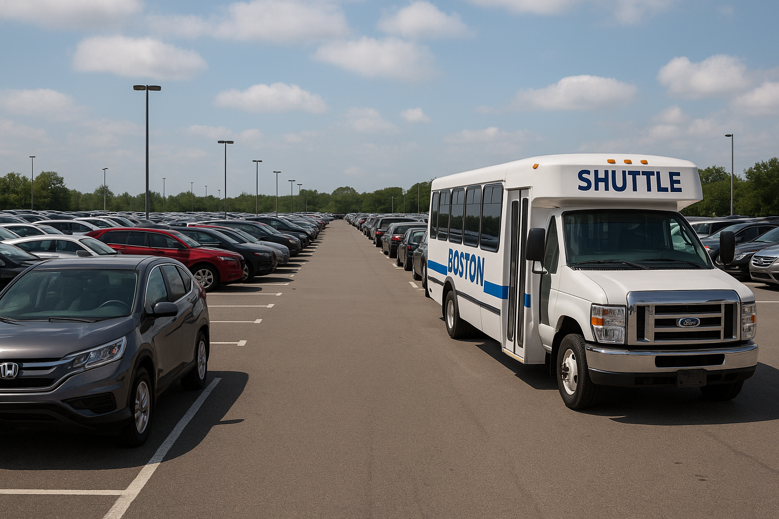 Airport parking lot with cars and an airplane in the sky