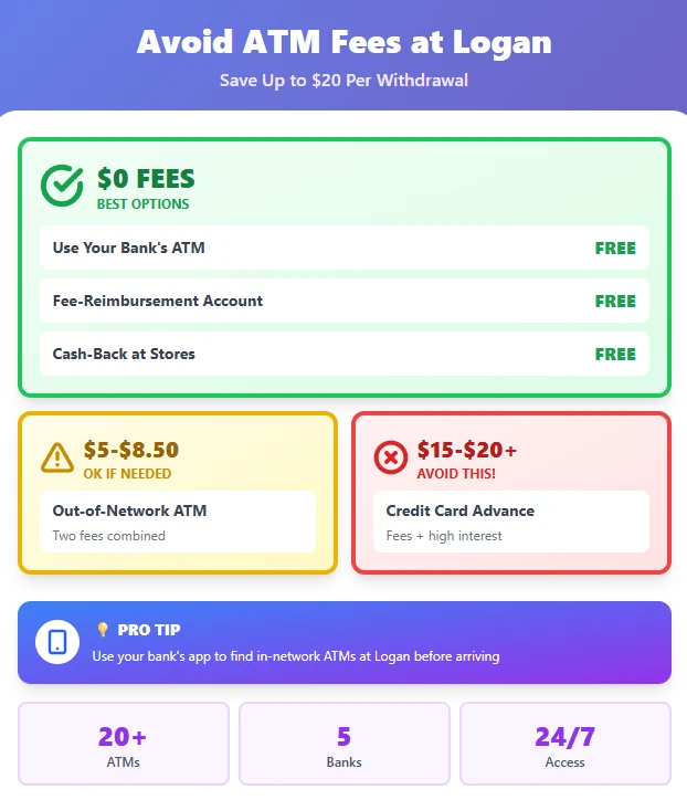 ATM fee avoidance decision tree for Boston Logan Airport banking services showing how to save money on withdrawals