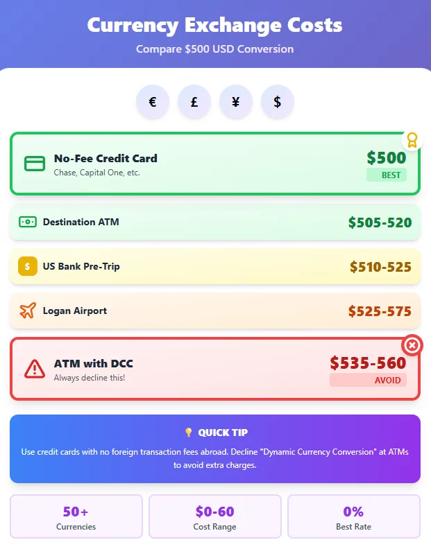 Currency exchange cost comparison Boston Logan Airport international travel showing best methods to avoid fees 2025
