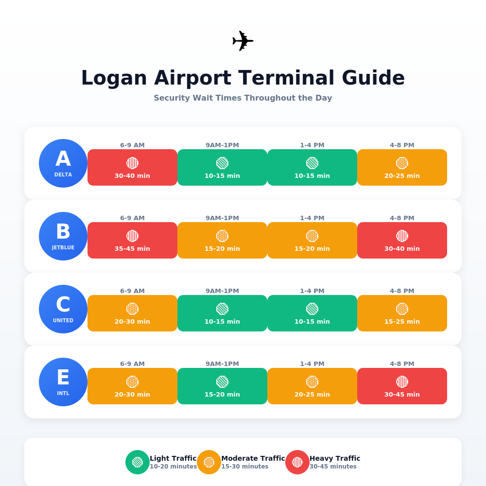 "Logan Airport busiest times by terminal showing peak hours for Terminal A, B, C, and E with color-coded traffic patterns"