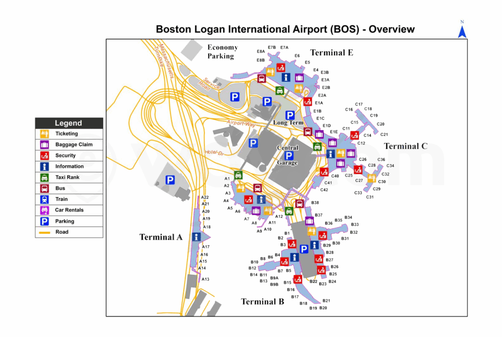 Boston Logan Airport terminal map showing parking locations including Economy Garage, Central Garage, and terminal-specific parking areas near Terminals A, B, C, and E