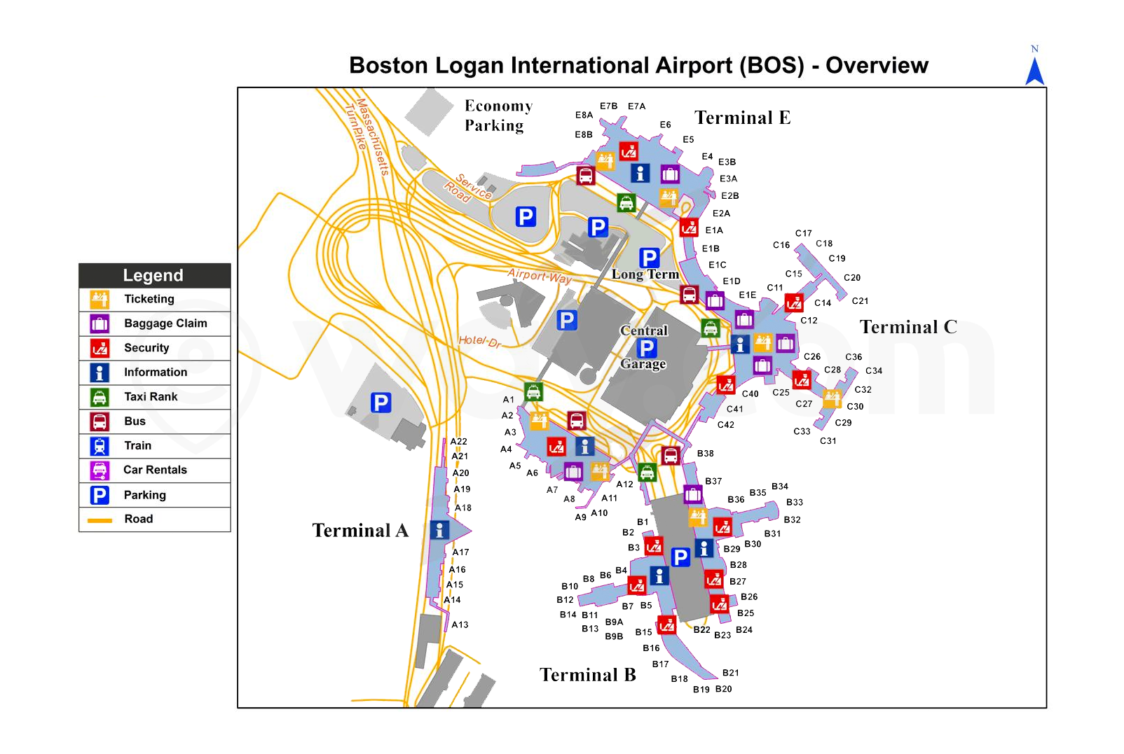 Map showing how to walk between terminals at Logan Airport