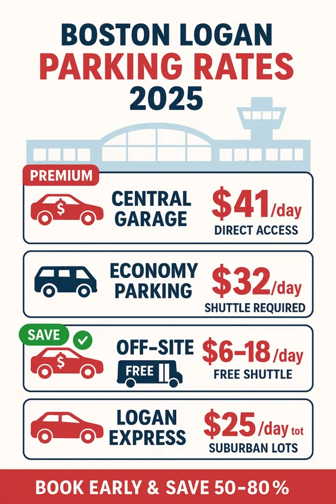 Boston Logan Airport parking rates 2025 infographic comparing Central Garage economy off-site and Logan Express options