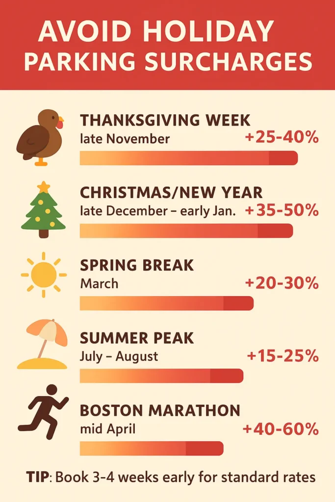 Boston Logan Airport parking seasonal surcharges infographic showing holiday rate increases up to 60 percent