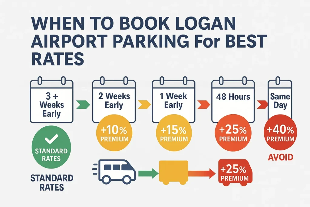 Logan airport parking booking timeline showing rate increases from standard to 40% premium for same-day reservations