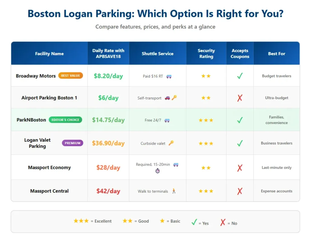 Boston Logan parking comparison chart 2025 showing off-site facilities with coupon codes versus on-site Massport parking rates and features