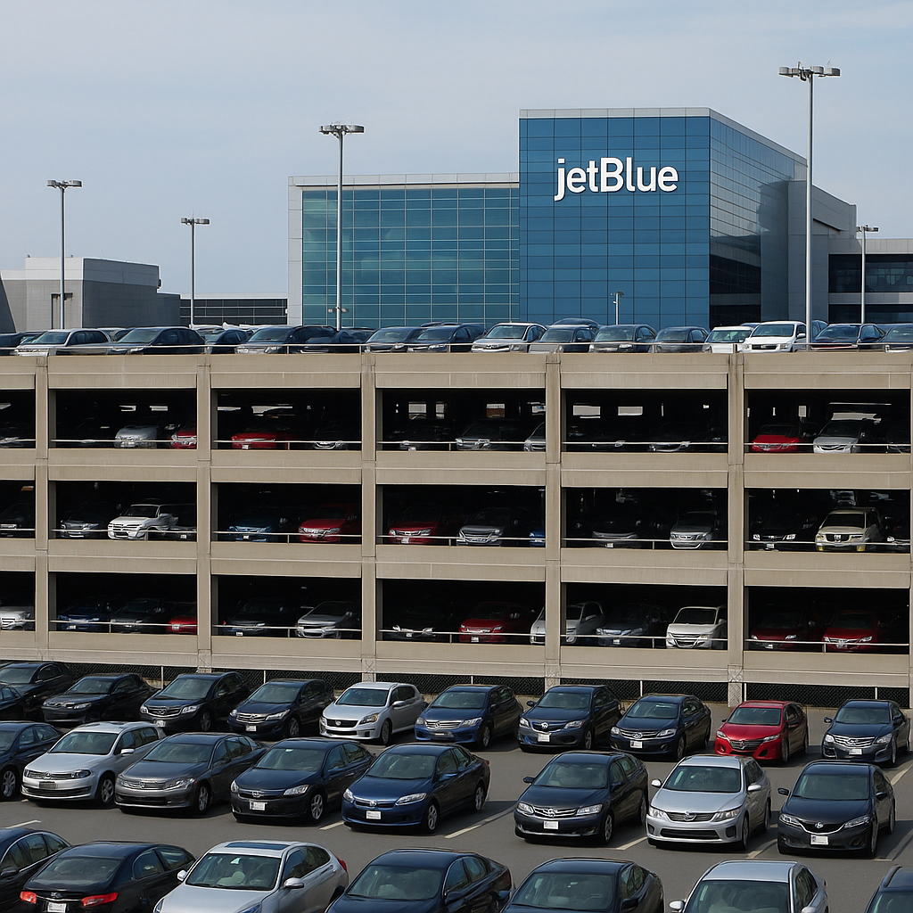 A digital photograph of a multi-level parking garage near Boston Logan Airport, representing affordable Logan Airport parking JetBlue options for travelers.