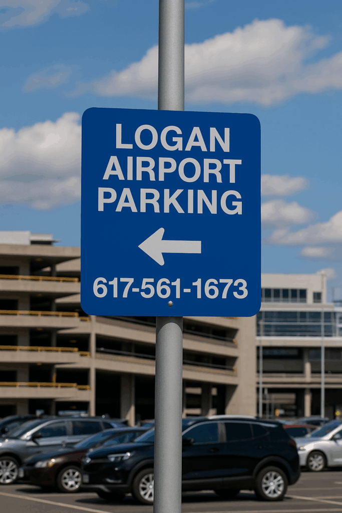 Logan Airport parking phone number signage near terminal entrance