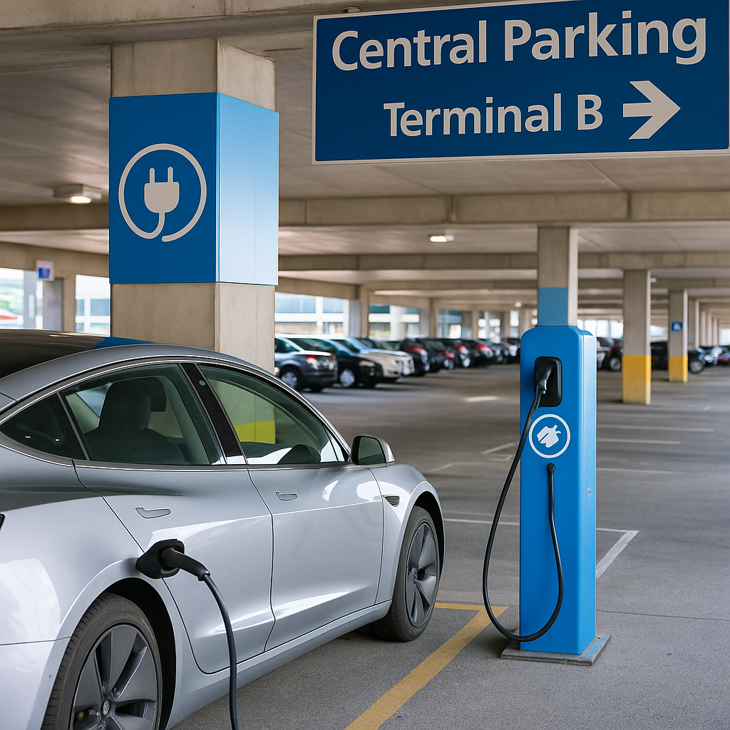 Electric vehicle charging at Logan Airport parking garage near Terminal B