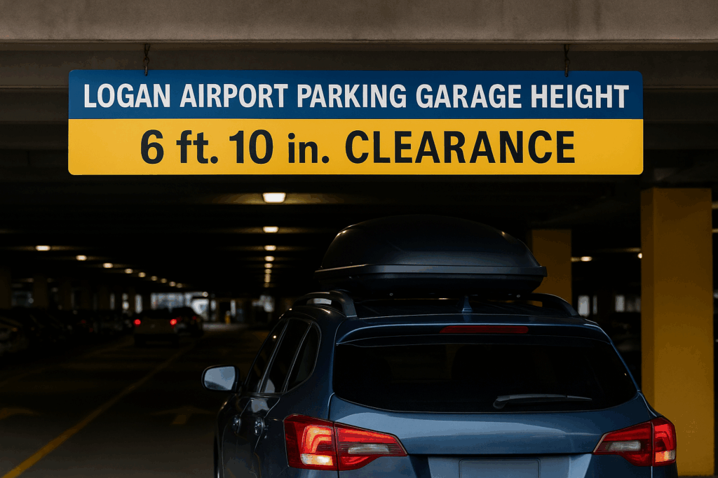 SUV with rooftop cargo box approaching Logan Airport parking garage height clearance sign marked 6 feet 10 inches