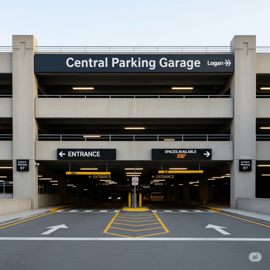 Logan Airport’s Central Parking Garage entrance with clear signage.