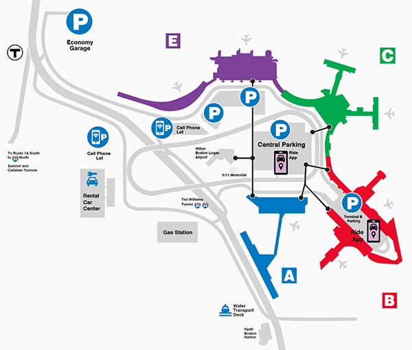 logan airport ride app pickup zone map for terminals a b c e
