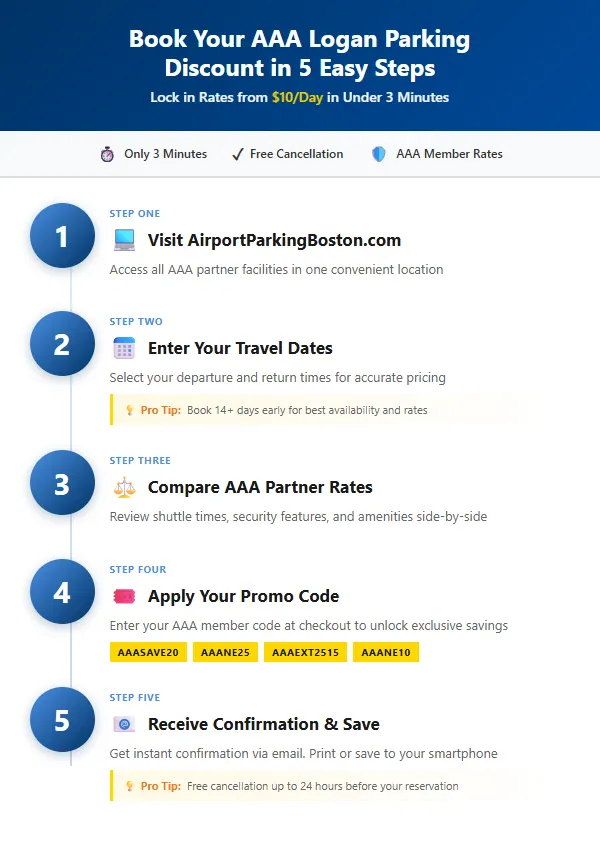 How to book AAA Logan Airport parking discount in 5 steps - easy booking guide with promo codes AAASAVE20 and AAANE25