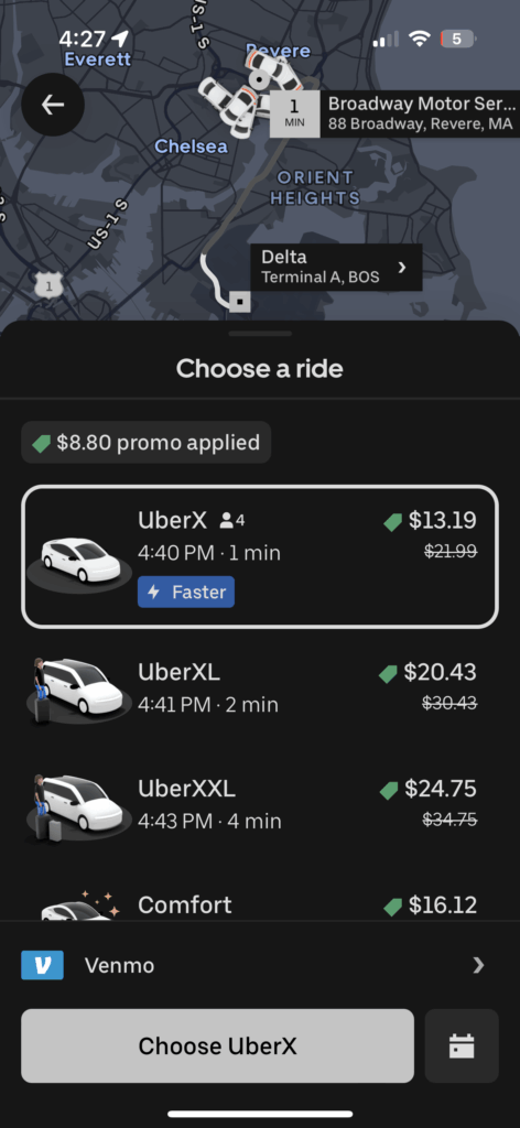 uber pickup request screen logan airport