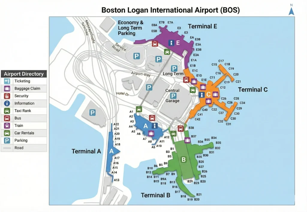 Logan Airport terminal walking map – walking paths between Terminals A, B, C, E